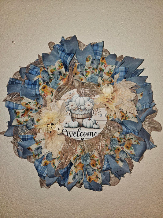 Handmade Fall Welcome Wreath – Farmhouse Style with Blue Plaid, Sunflowers and Pumpkins