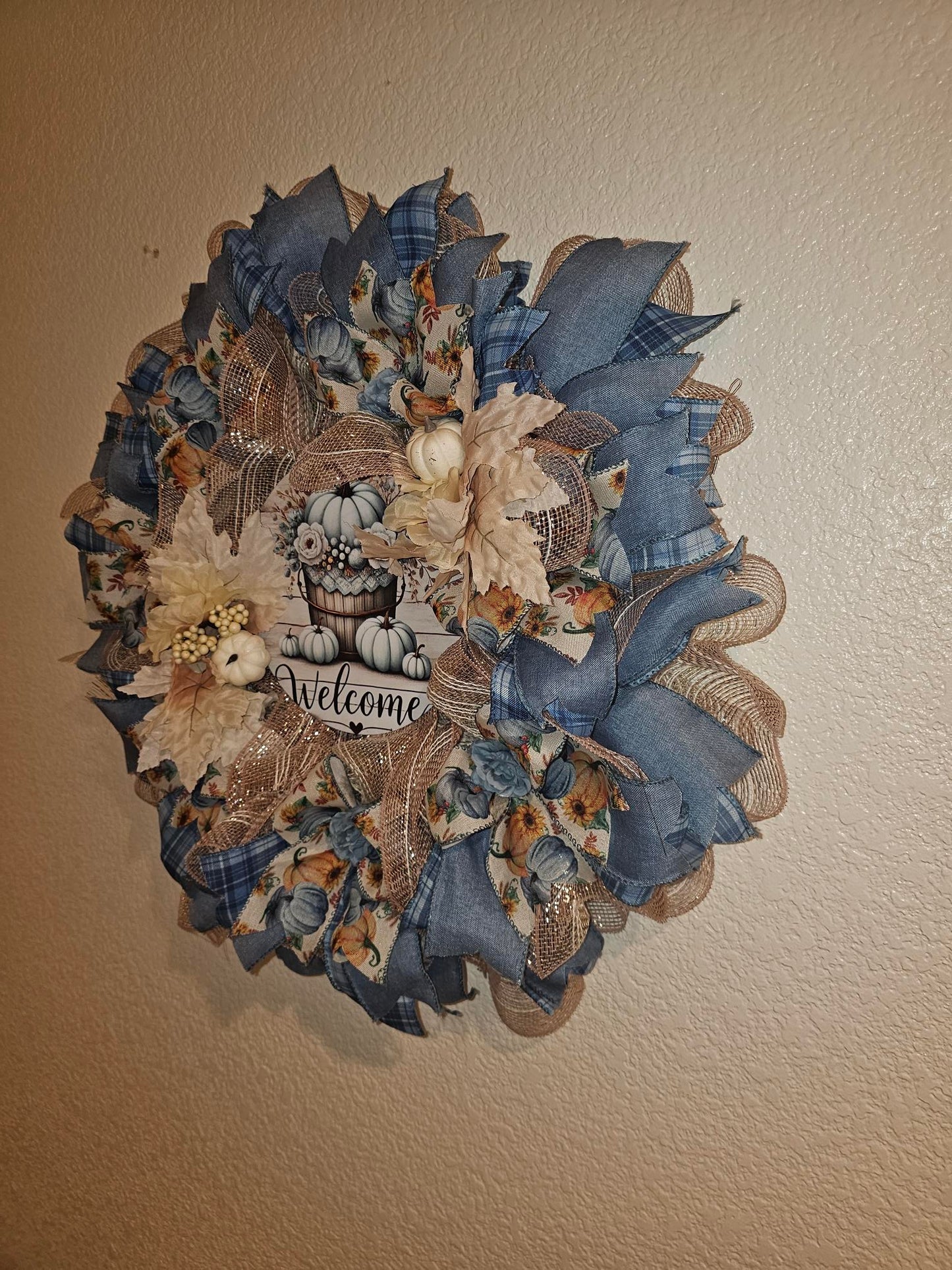 Handmade Fall Welcome Wreath – Farmhouse Style with Blue Plaid, Sunflowers & Pumpkins