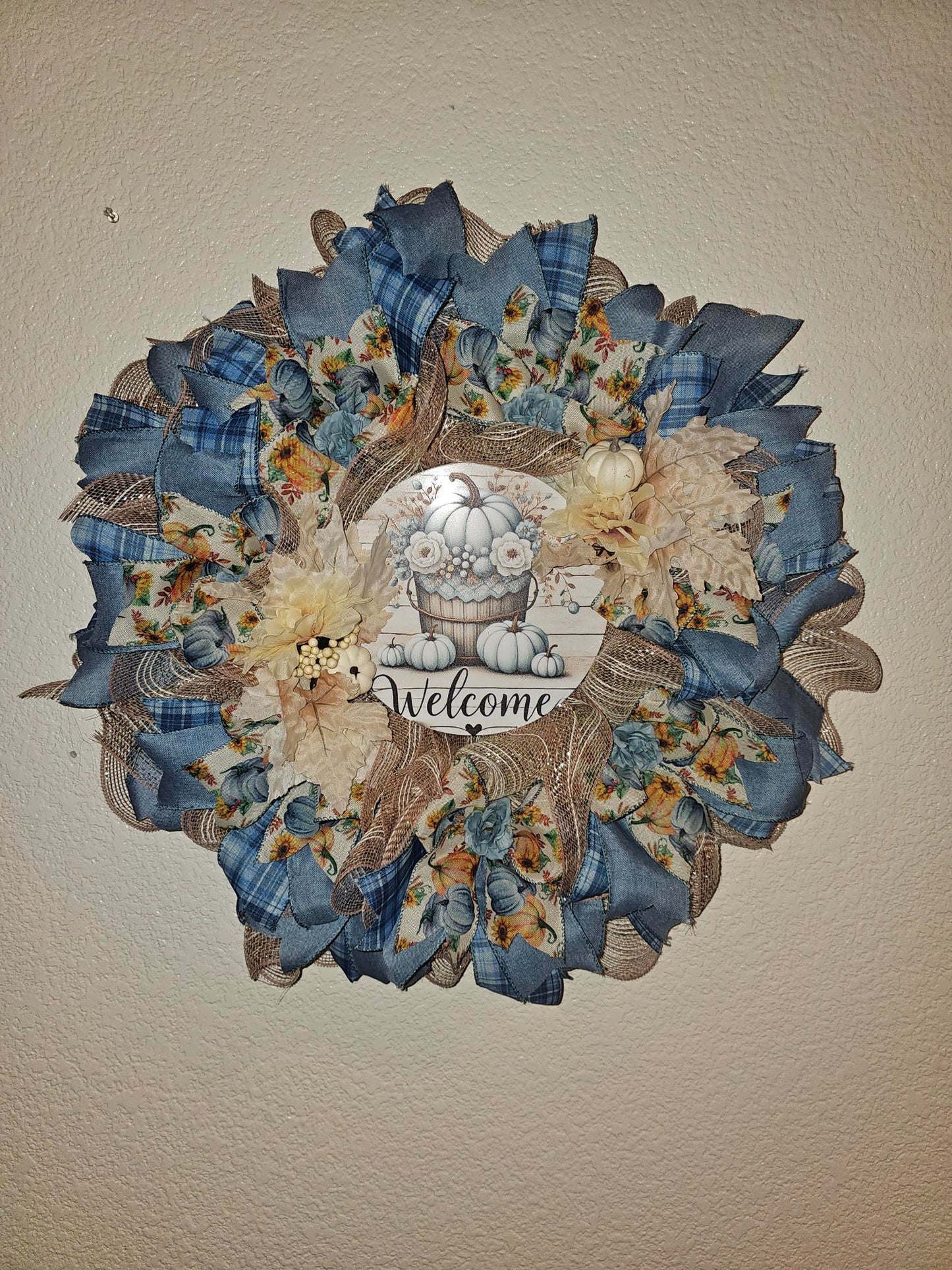 Handmade Fall Welcome Wreath – Farmhouse Style with Blue Plaid, Sunflowers & Pumpkins