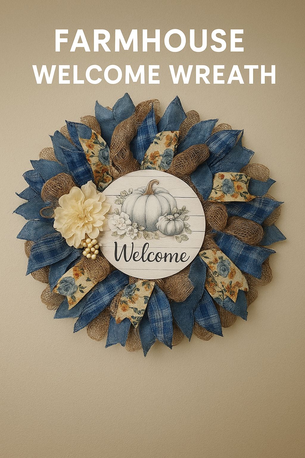 Handmade Fall Welcome Wreath – Farmhouse Style with Blue Plaid, Sunflowers & Pumpkins