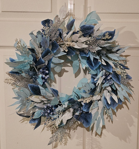 Winter Wreath with Blue and Silver Accents, Frosted Holiday Door Wreath, Elegant Seasonal Decor with Berries