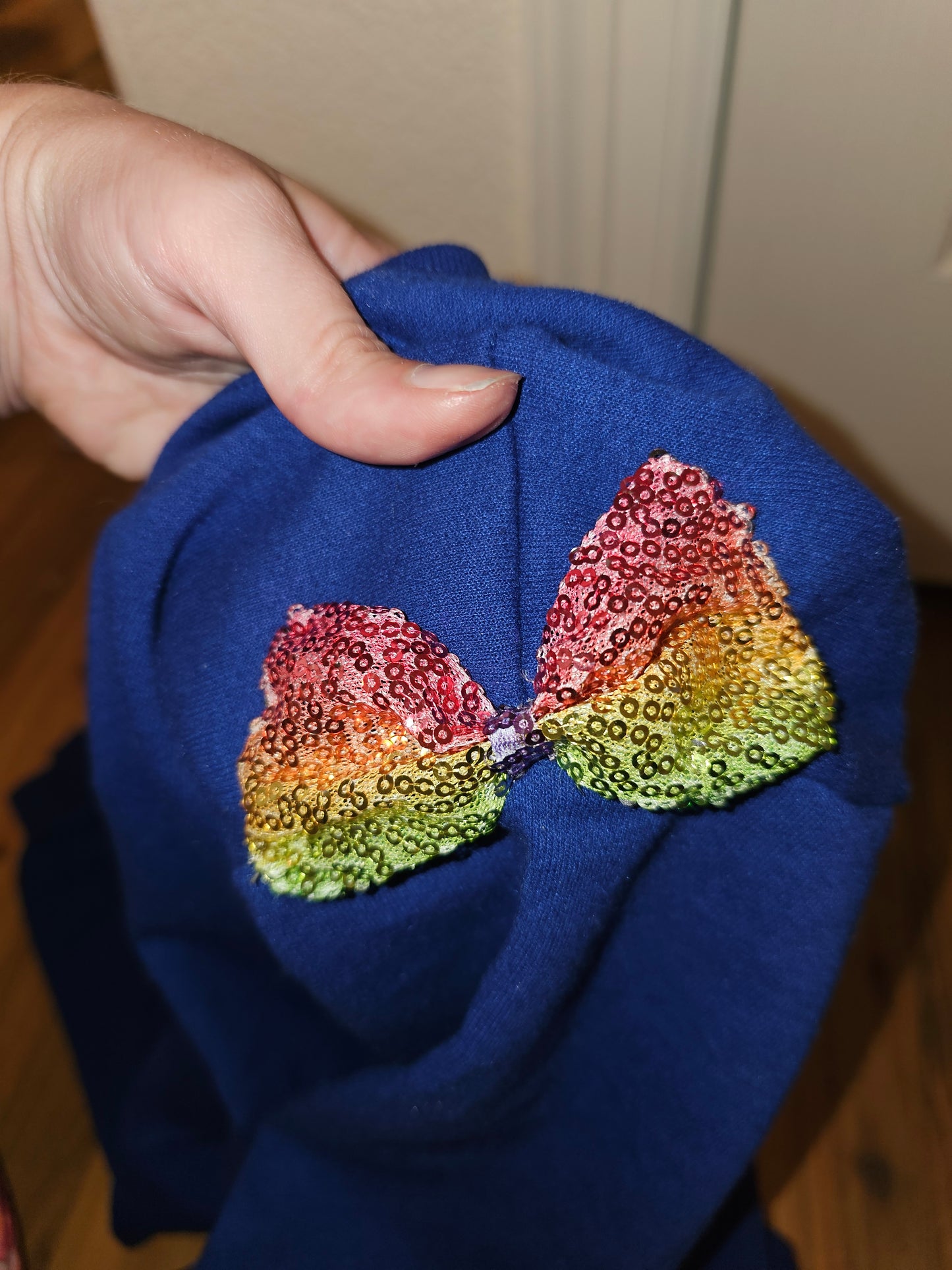 Kids Blue Sweatshirt with Sequin Bows, Handmade Pullover, Youth Size Medium, Bright and Playful Hoodie Alternative