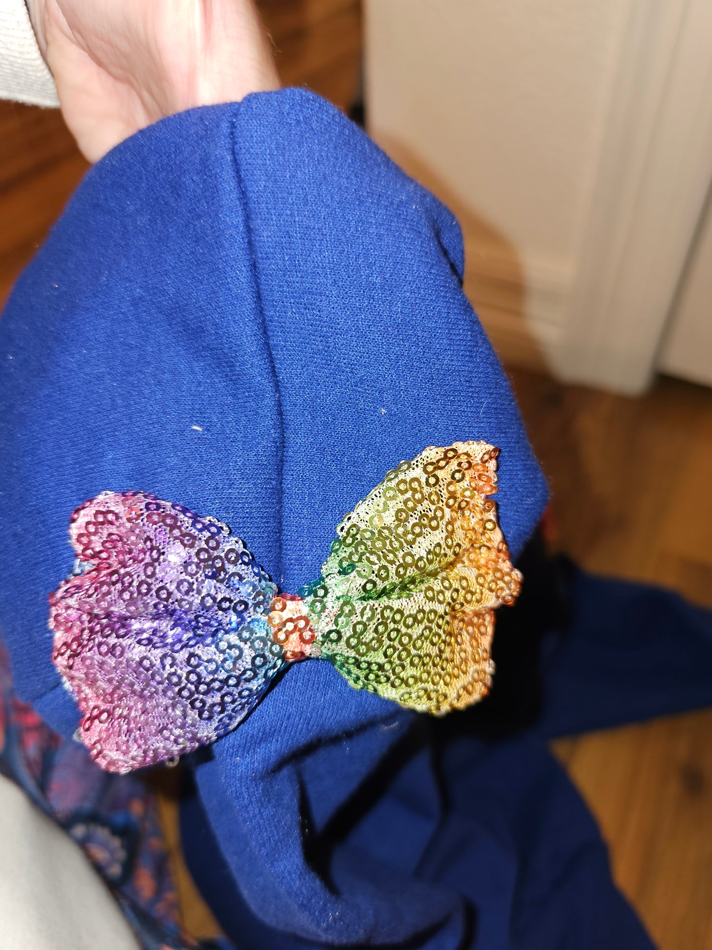 Kids Blue Sweatshirt with Sequin Bows, Handmade Pullover, Youth Size Medium, Bright and Playful Hoodie Alternative