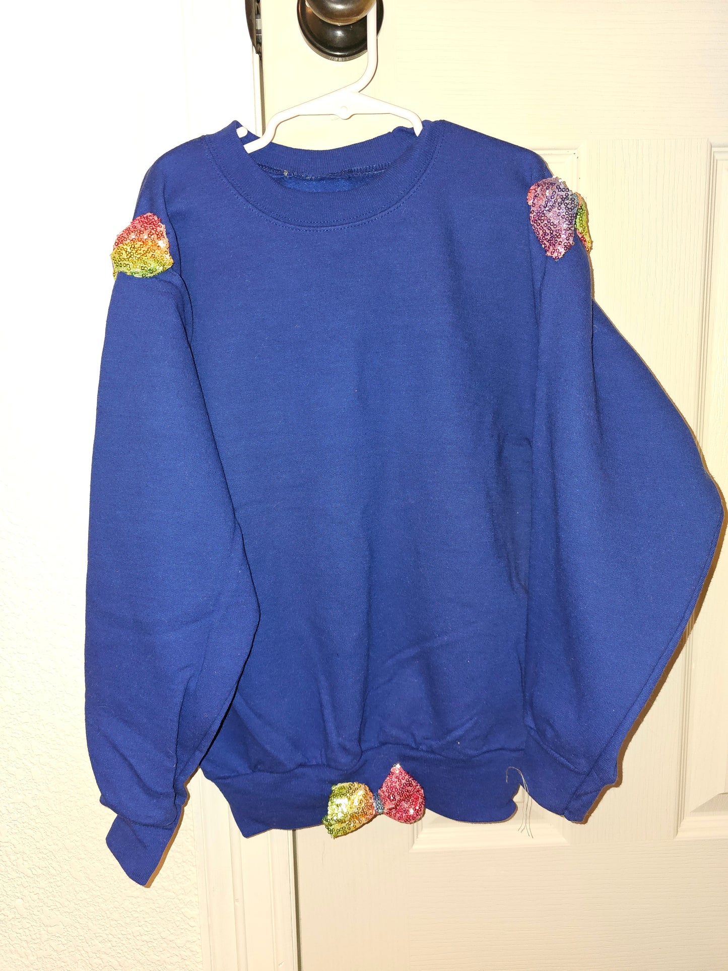 Kids Blue Sweatshirt with Sequin Bows, Handmade Pullover, Youth Size Medium, Bright and Playful Hoodie Alternative