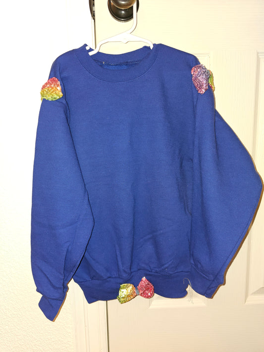 Kids Blue Sweatshirt with Sequin Bows, Handmade Pullover, Youth Size Medium, Bright and Playful Hoodie Alternative