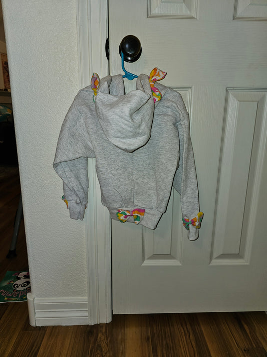 Youth Small Gray Hoodie with Colorful Bows, Handmade Kids Sweatshirt, Bright and Playful Gift, Cozy Everyday Wear
