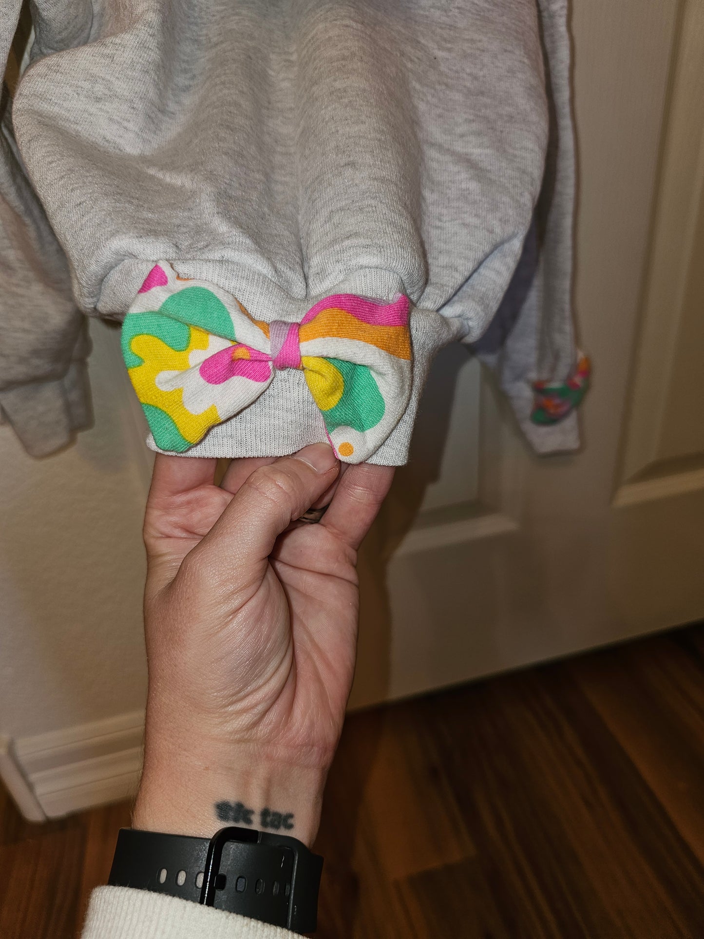 Youth Small Gray Hoodie with Colorful Bows, Handmade Kids Sweatshirt, Bright and Playful Gift, Cozy Everyday Wear