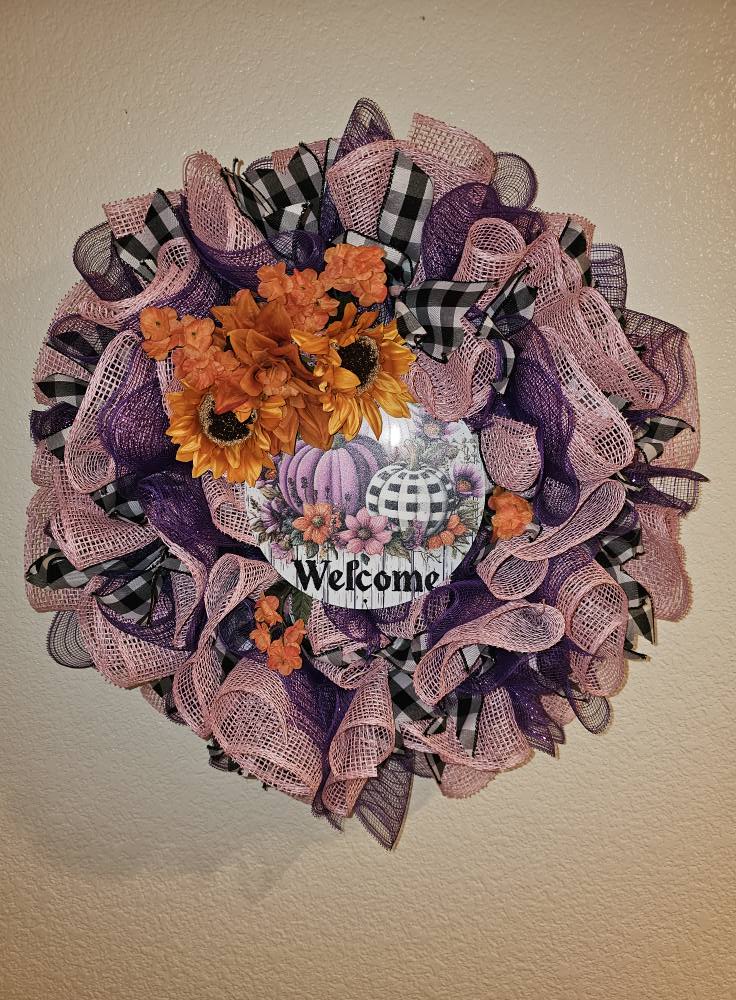 Purple & Pink Mesh Fall Wreath with Sunflowers | Buffalo Plaid Pumpkin Welcome Door Decor | Autumn Farmhouse Accent