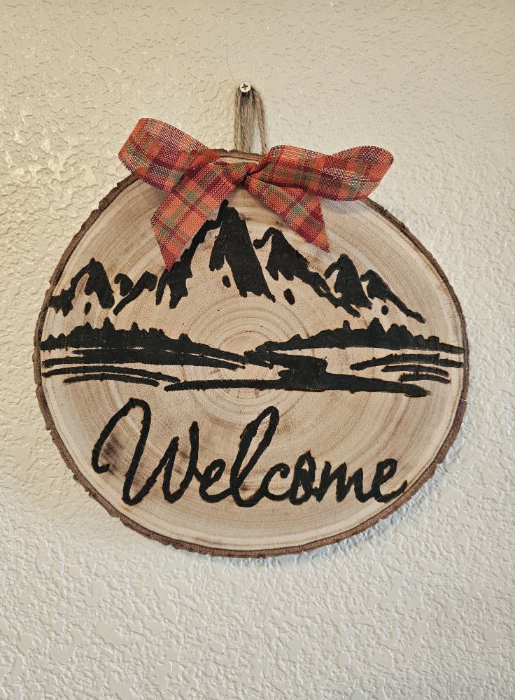 Rustic Wood-Burned Welcome Door Hanger with Bow Handmade Front Door Sign Farmhouse Entry Decor