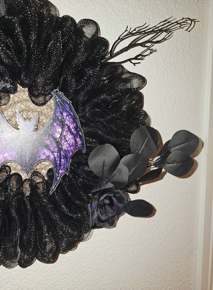 Gothic Halloween Bat Wreath | Black Mesh Wreath with Purple Bat & Roses | Spooky Front Door Décor
