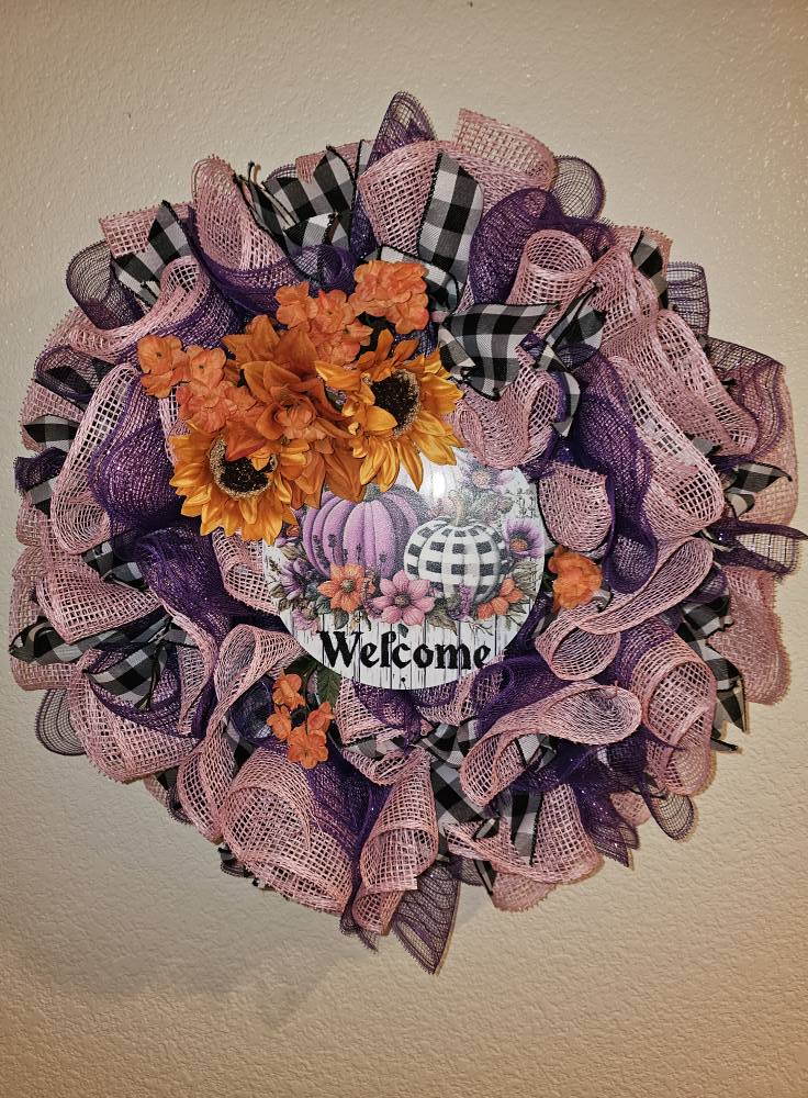 Purple & Pink Mesh Fall Wreath with Sunflowers | Buffalo Plaid Pumpkin Welcome Door Decor | Autumn Farmhouse Accent