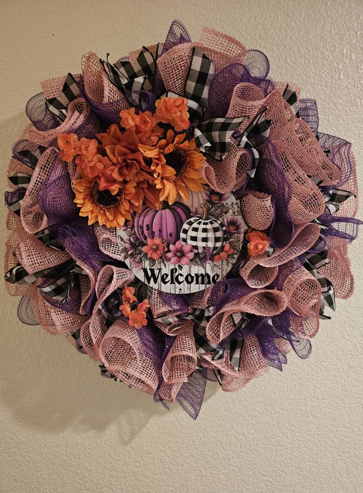 Purple & Pink Mesh Fall Wreath with Sunflowers | Buffalo Plaid Pumpkin Welcome Door Decor | Autumn Farmhouse Accent