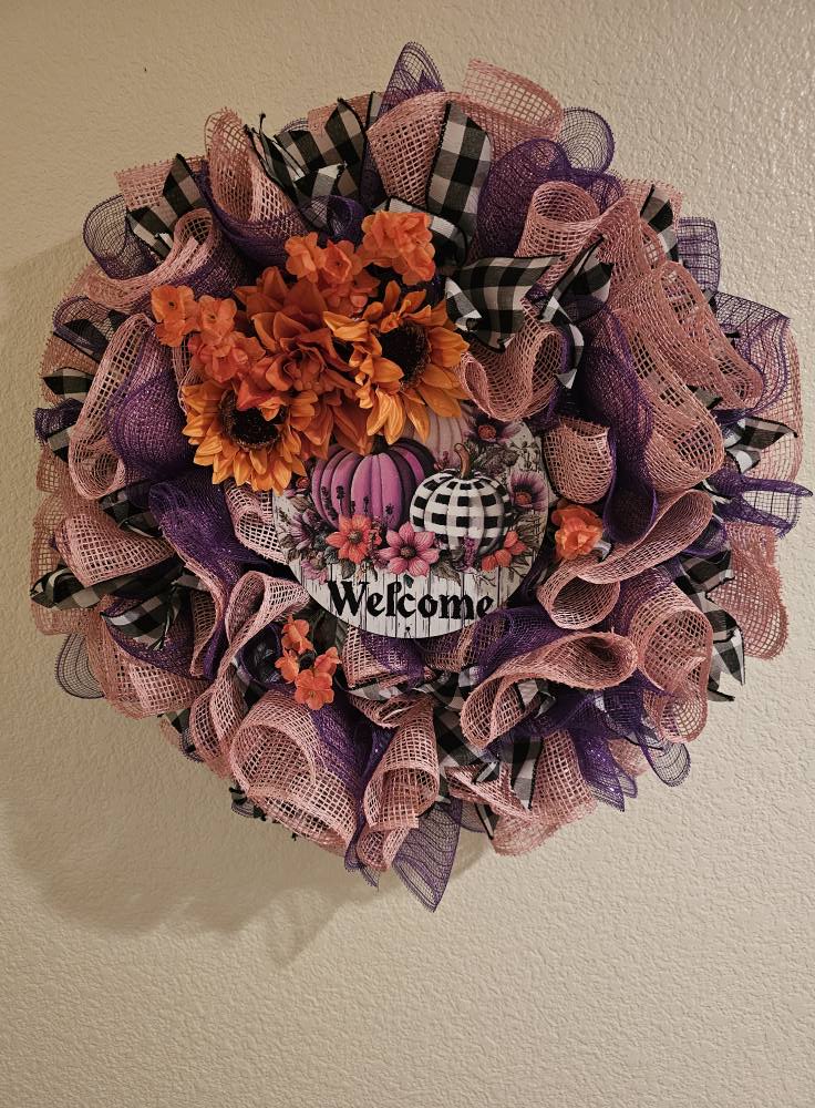 Purple & Pink Mesh Fall Wreath with Sunflowers | Buffalo Plaid Pumpkin Welcome Door Decor | Autumn Farmhouse Accent