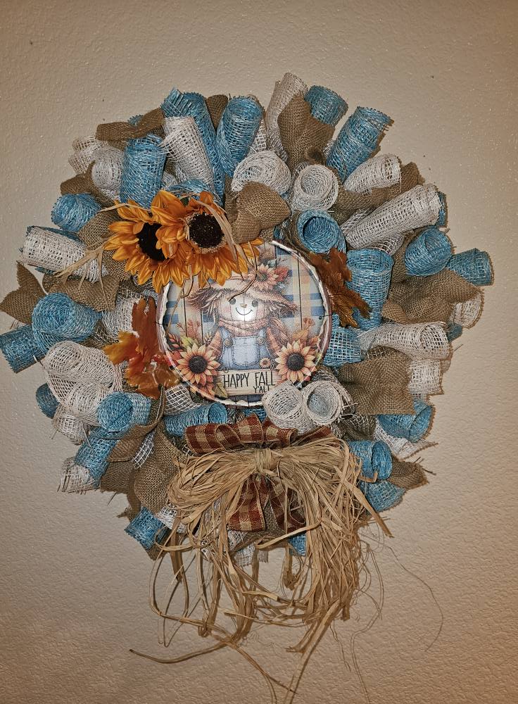 Rustic Fall Scarecrow Wreath with Sunflowers | Burlap & Mesh Autumn Door Décor | Farmhouse Thanksgiving Wall Hanging