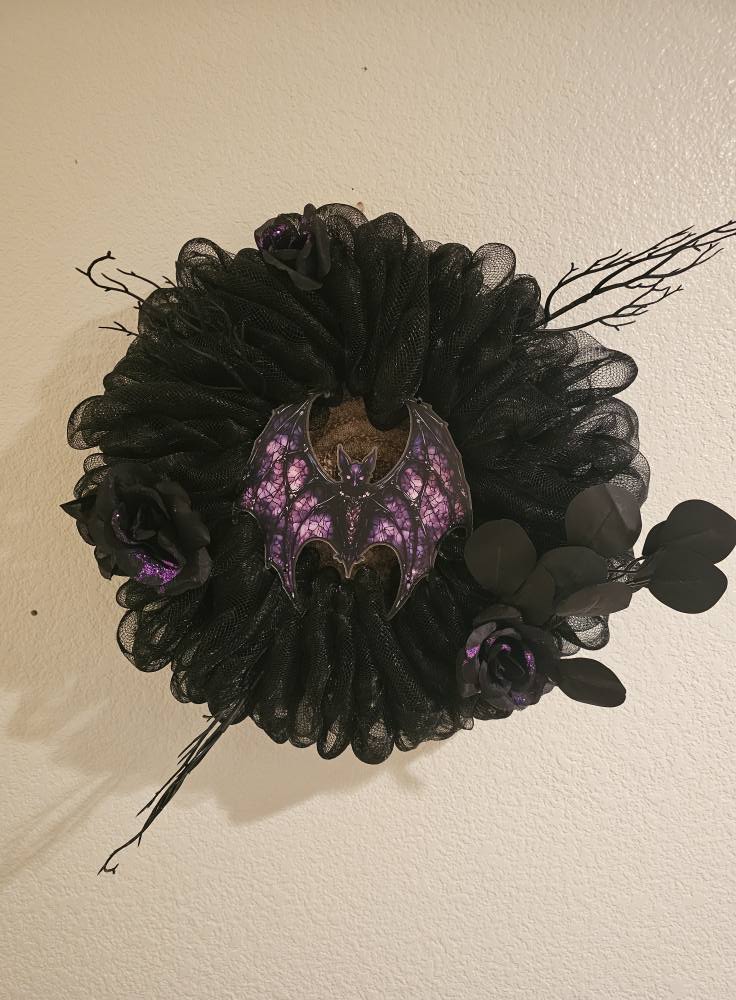 Gothic Halloween Bat Wreath | Black Mesh Wreath with Purple Bat & Roses | Spooky Front Door Décor