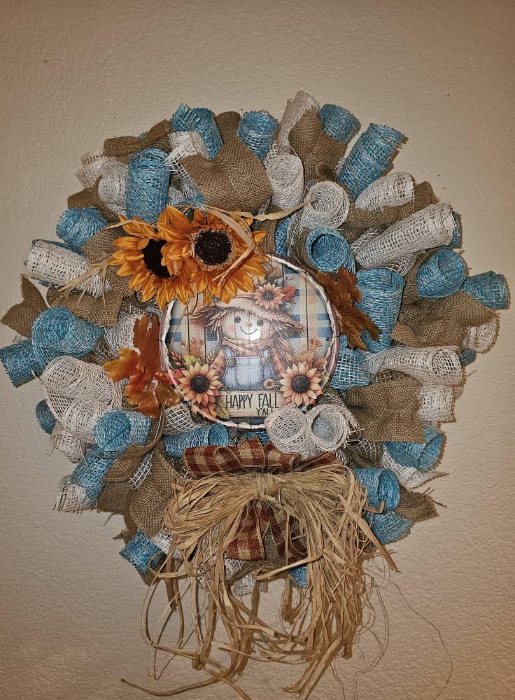 Rustic Fall Scarecrow Wreath with Sunflowers | Burlap & Mesh Autumn Door Décor | Farmhouse Thanksgiving Wall Hanging