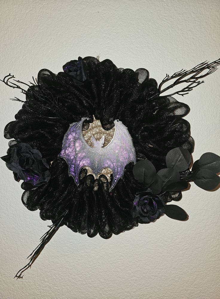 Gothic Halloween Bat Wreath | Black Mesh Wreath with Purple Bat & Roses | Spooky Front Door Décor