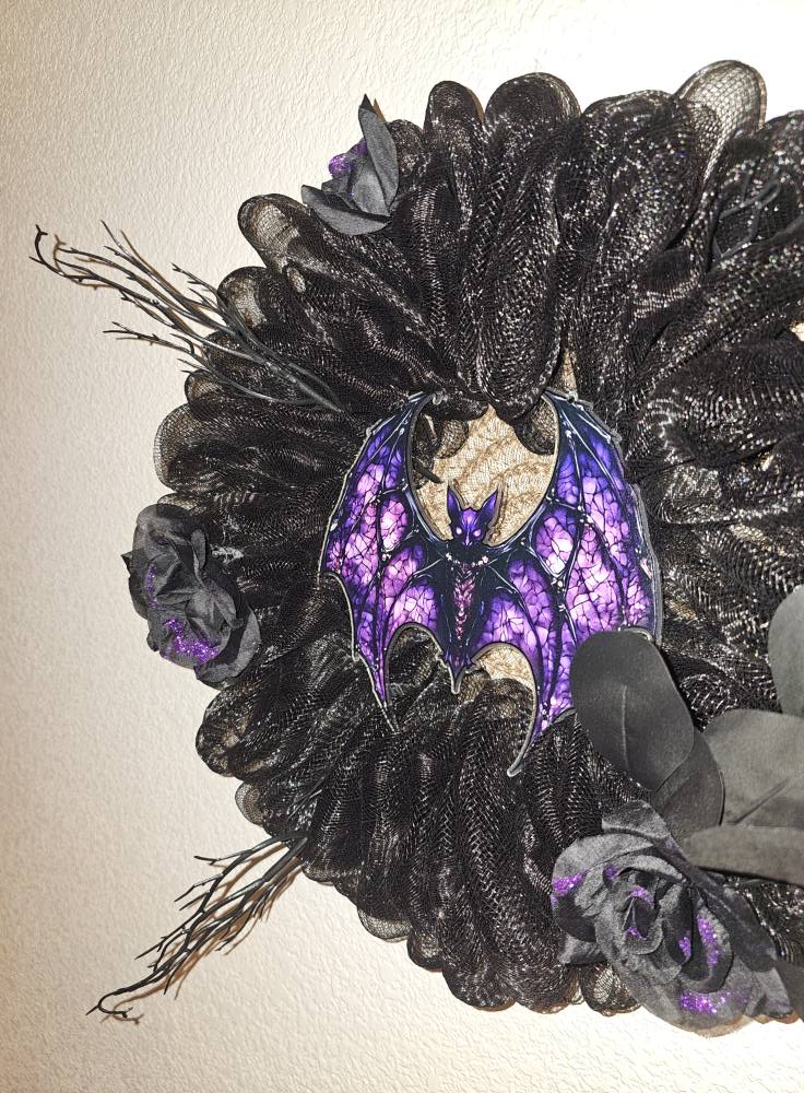 Gothic Halloween Bat Wreath | Black Mesh Wreath with Purple Bat & Roses | Spooky Front Door Décor