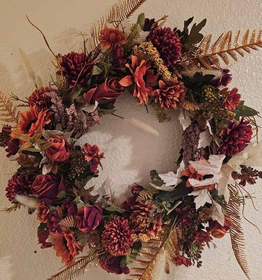 Autumn Floral Wreath with Burgundy & Orange Blooms | Rustic Fall Front Door Décor | Farmhouse Harvest Wreath | Thanksgiving Décor