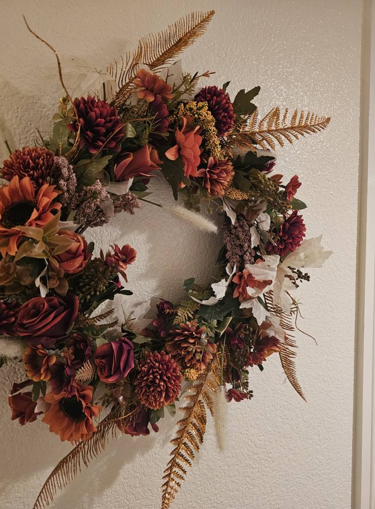 Autumn Floral Wreath with Burgundy & Orange Blooms | Rustic Fall Front Door Décor | Farmhouse Harvest Wreath | Thanksgiving Décor