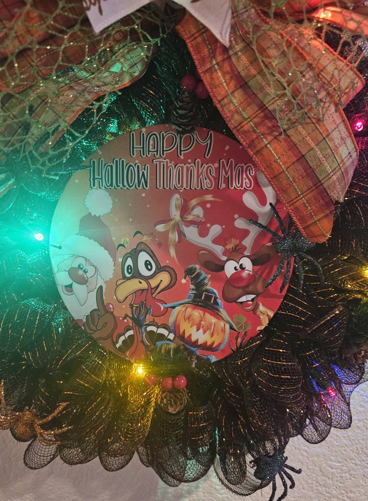 Happy HallowThanksMas Wreath Halloween Thanksgiving Christmas Mesh Wreath with Lights and Festive Bows