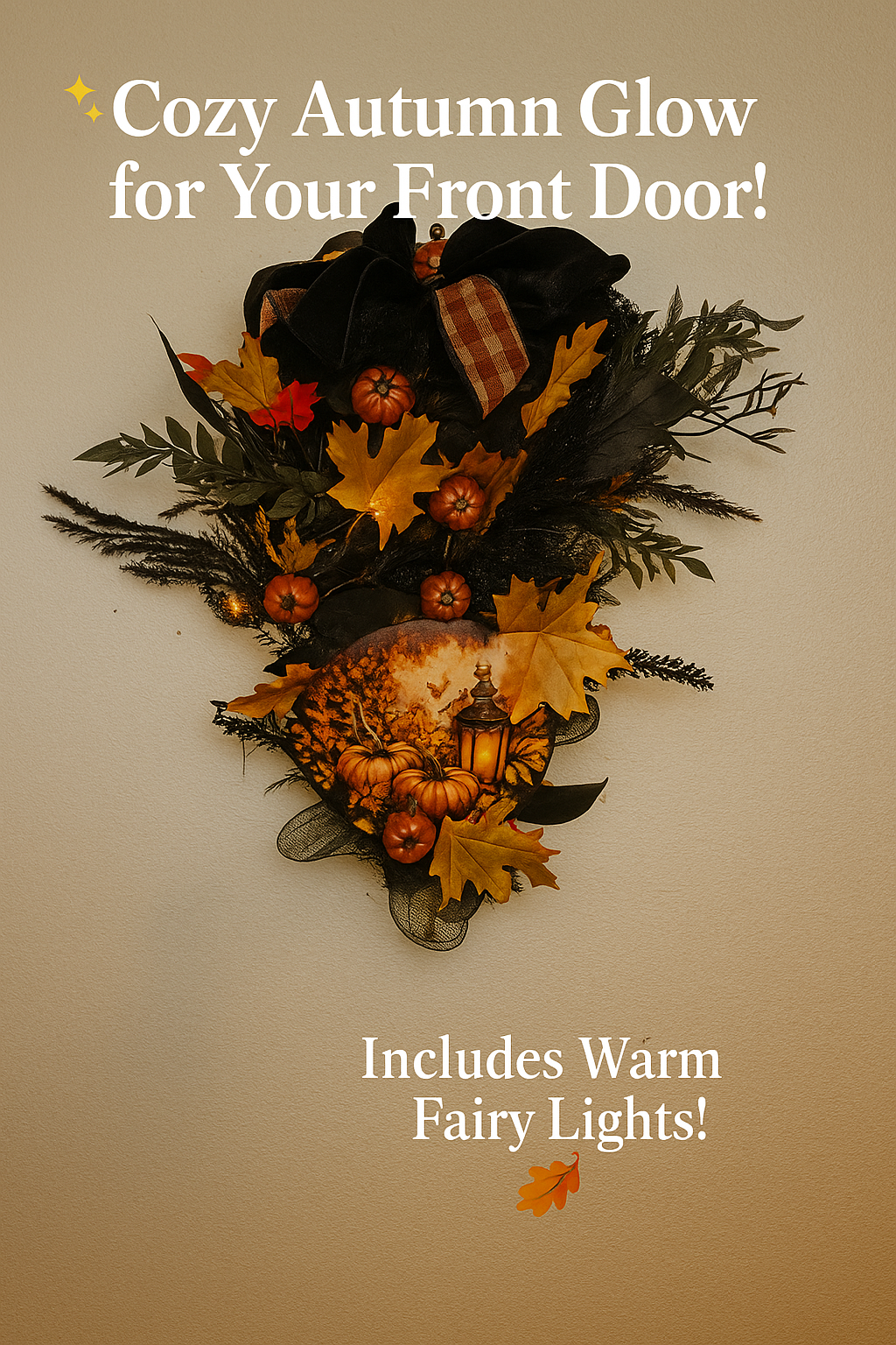 Fall Swag Wreath with Pumpkins, Lantern & Fairy Lights | Rustic Farmhouse Door Décor for Autumn, Harvest and Thanksgiving