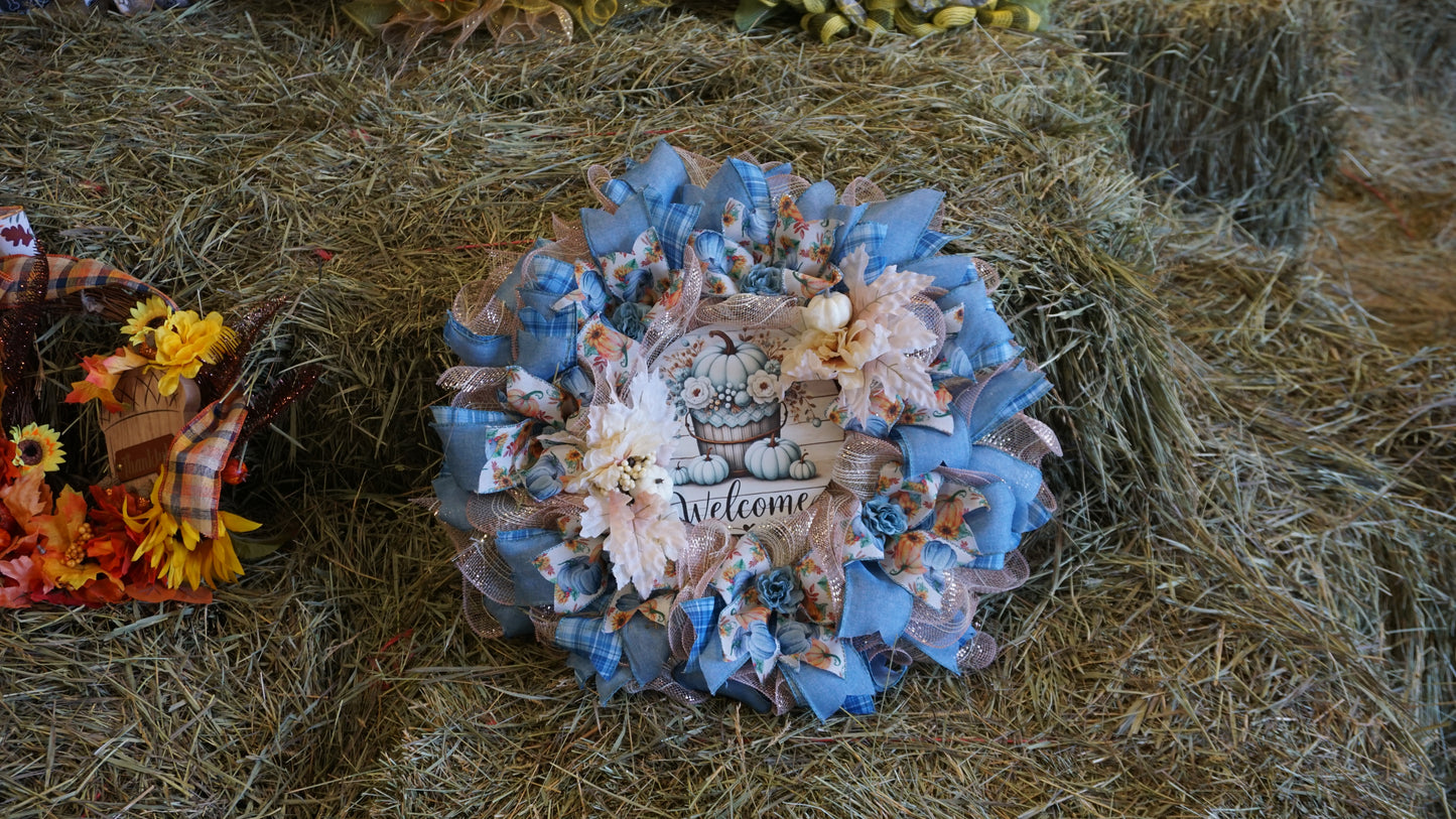 Handmade Fall Welcome Wreath – Farmhouse Style with Blue Plaid, Sunflowers & Pumpkins