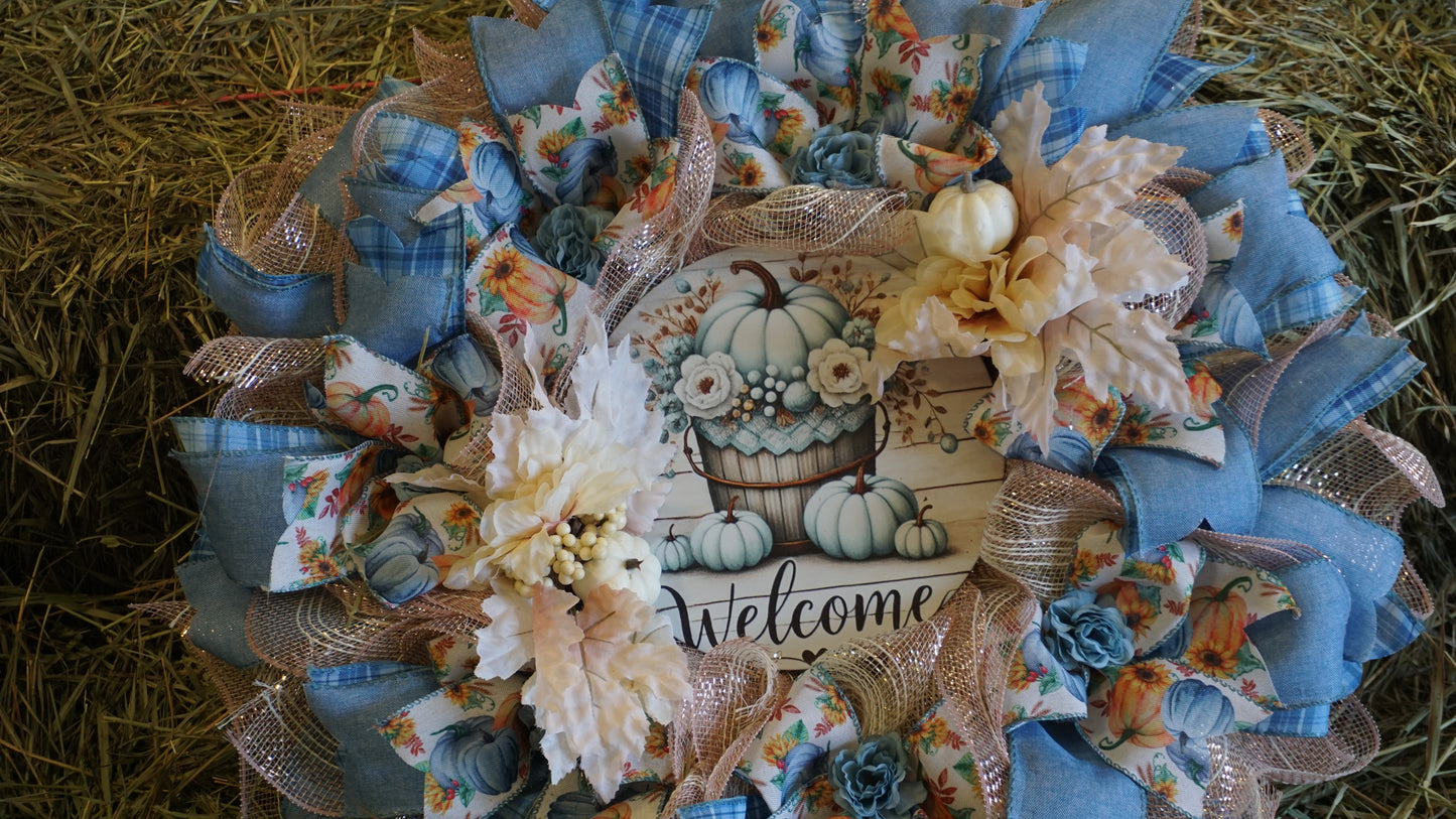 Handmade Fall Welcome Wreath – Farmhouse Style with Blue Plaid, Sunflowers & Pumpkins