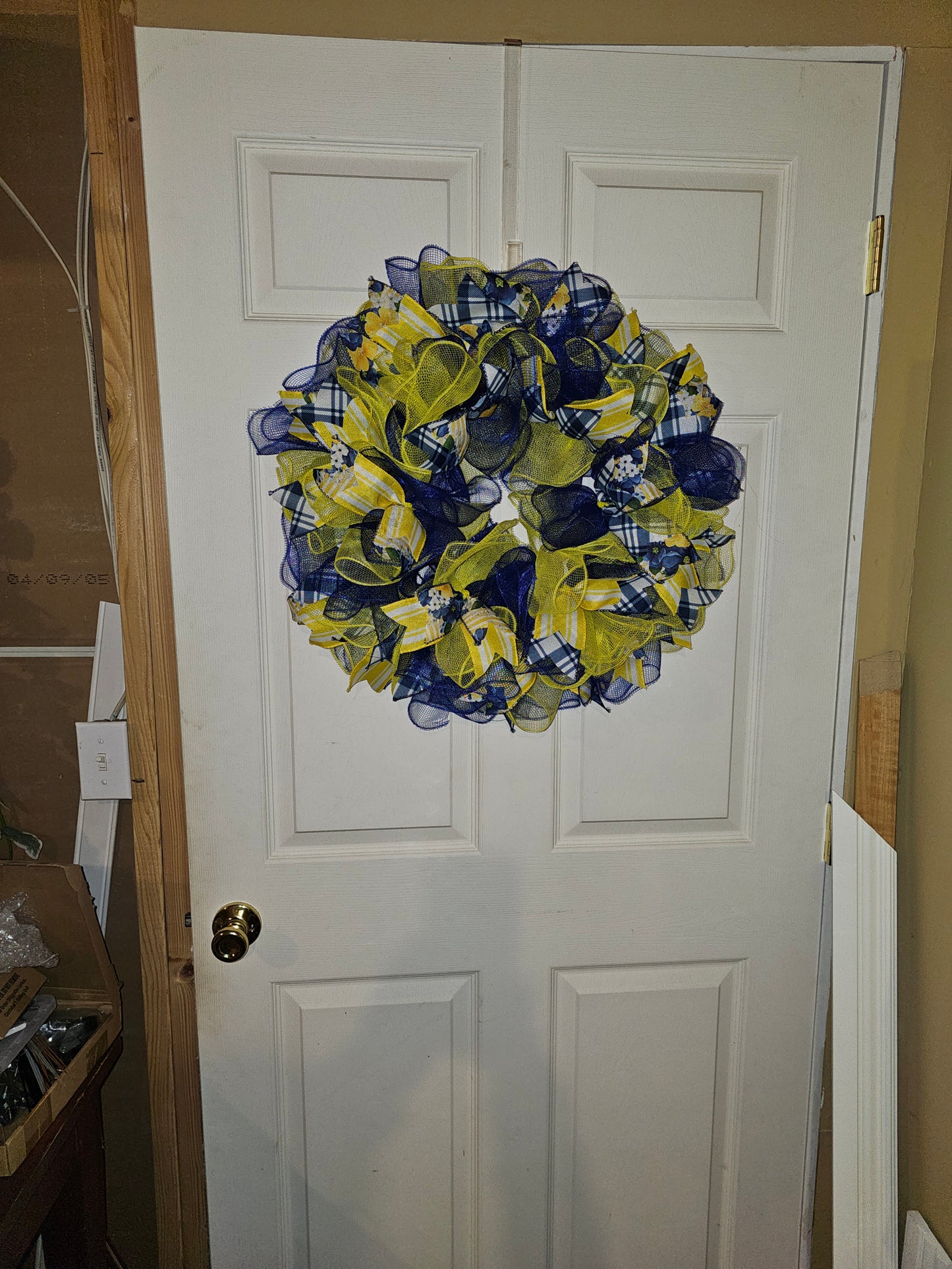 Blue & Yellow Spring Mesh Wreath – Plaid & Floral Front Door Decor – Handmade Everyday Wreath