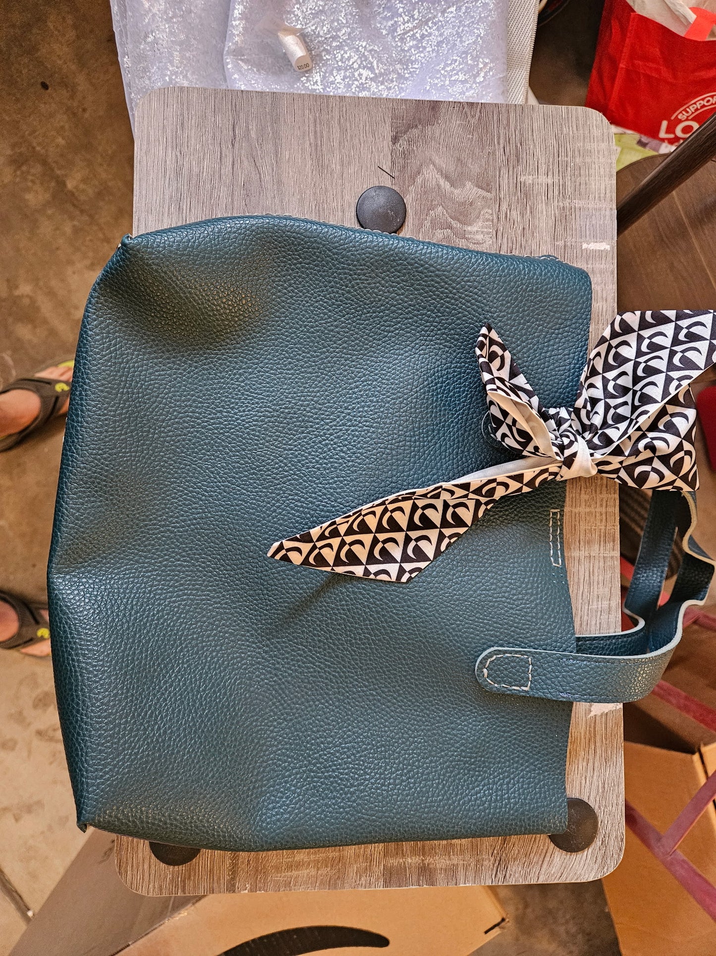 Teal Faux Leather Tote with Scarf