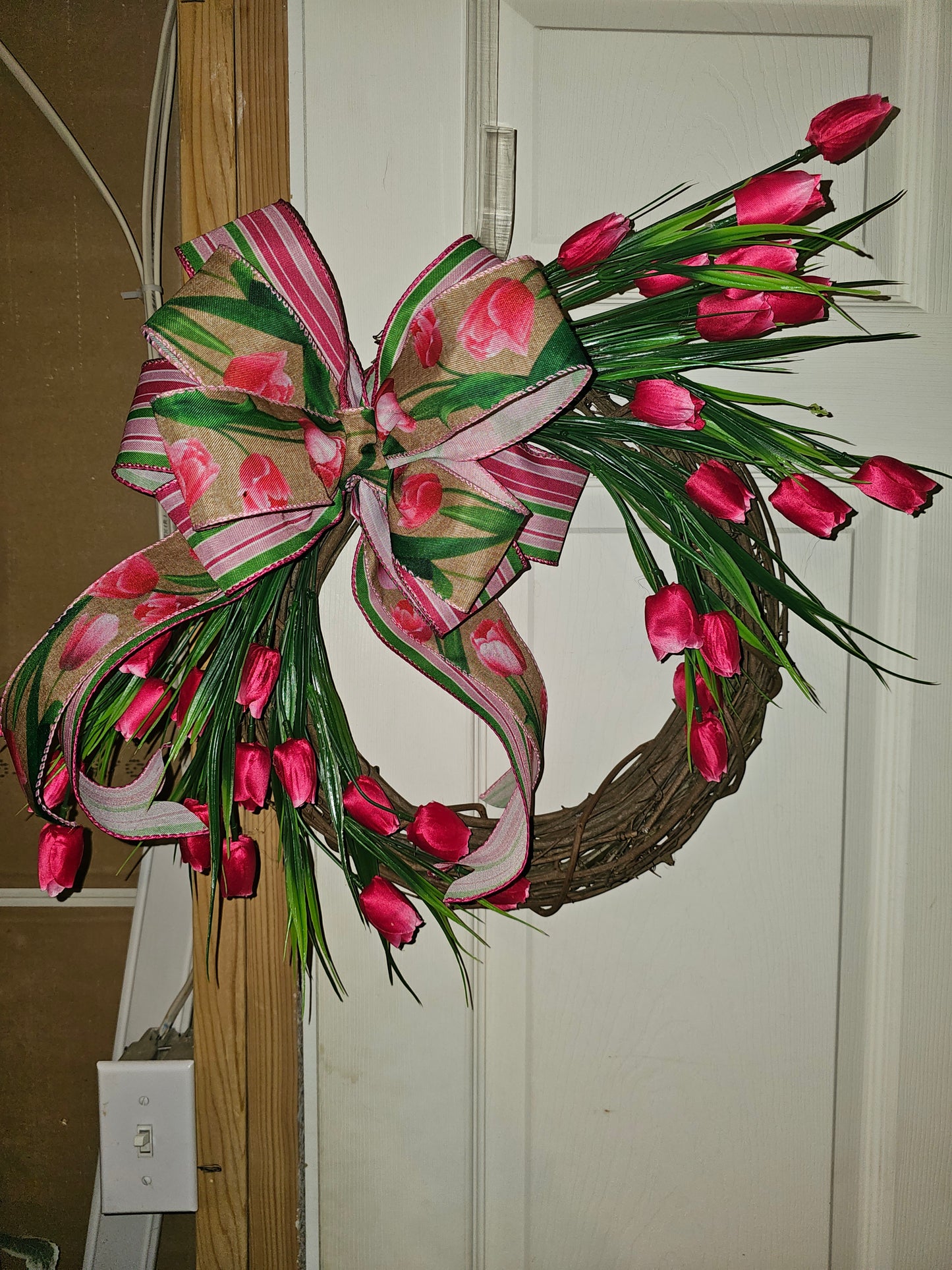 Pink Tulip Grapevine Wreath with Bow