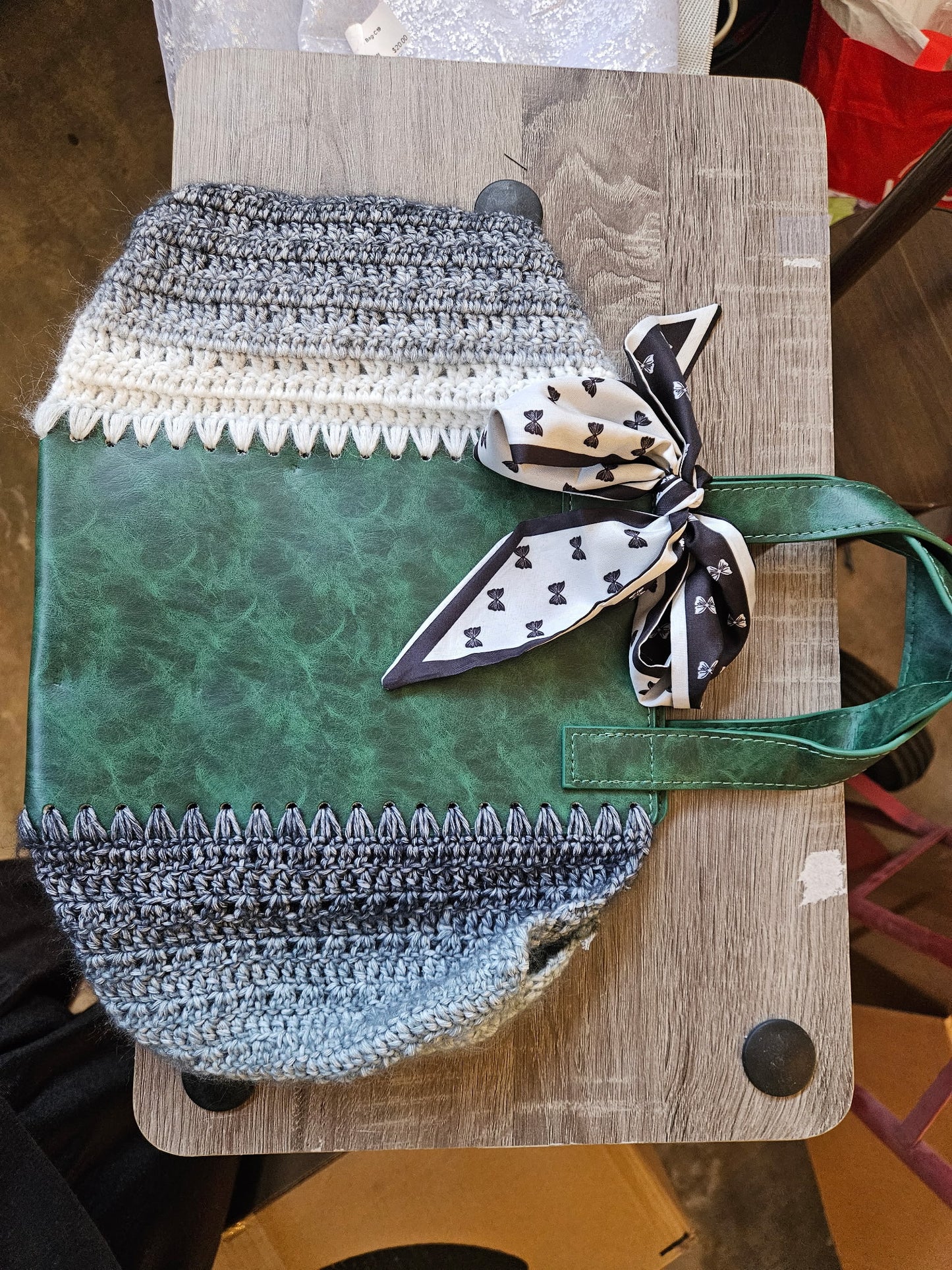 Green Crochet Faux Leather Tote Bag