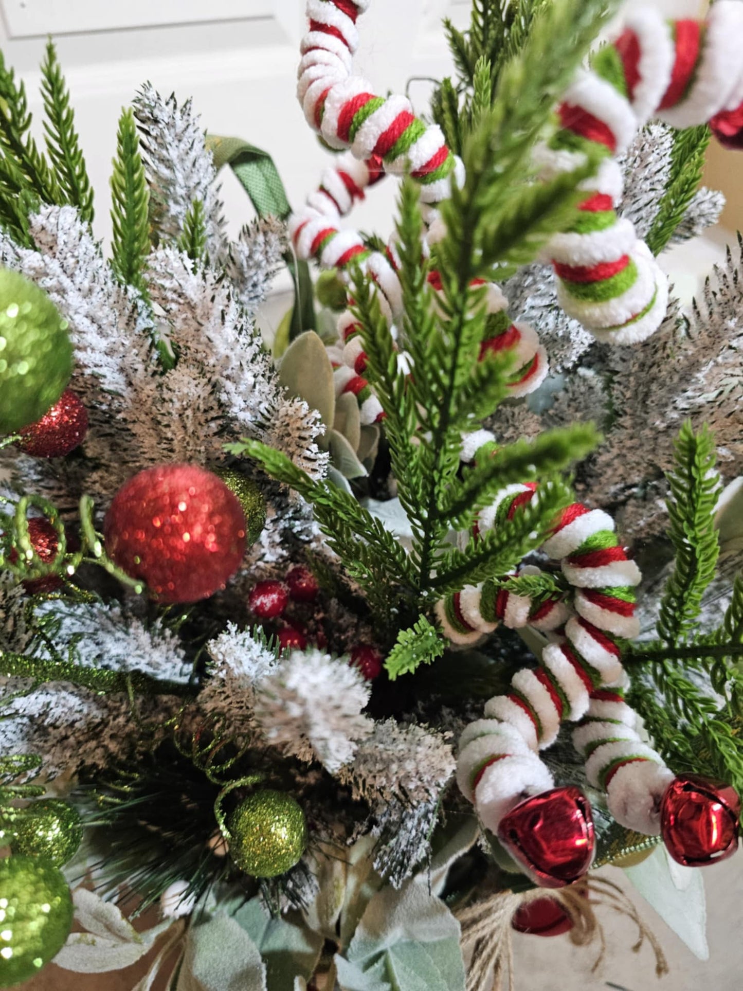 Handmade Winter Centerpiece – Holiday Basket Arrangement with Frosted Pine, Berries & Bow