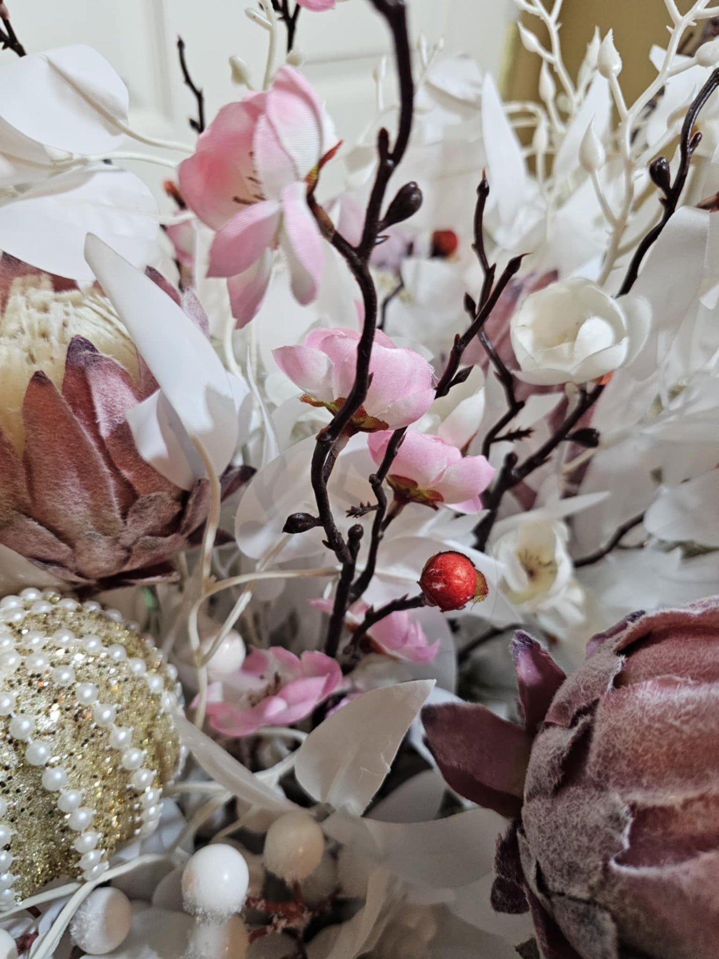 Handmade Winter Centerpiece – Holiday Basket Arrangement with Frosted Pine, Berries & Bow