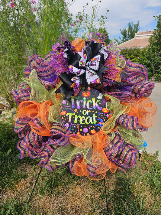 Halloween Wreath for Front Door | Trick or Treat Mesh Wreath | Purple Orange Green Holiday Decor | Fall Party Decoration