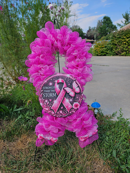 Breast Cancer Awareness Wreath – Pink Ribbon Mesh Door Décor, Handmade Support & Hope Wreath