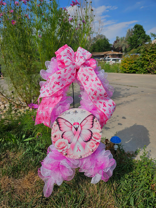 Breast Cancer Awareness Wreath – Pink Ribbon Mesh Door Décor, Handmade Support & Hope Wreath