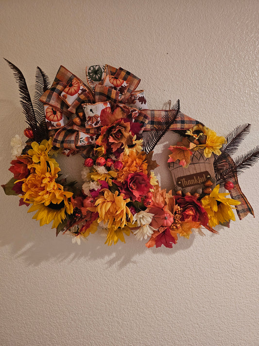 Autumn Grapevine Wreath | Fall Floral Wreath with Pumpkins, Sunflowers & Thankful Sign | Rustic Thanksgiving Door Decor