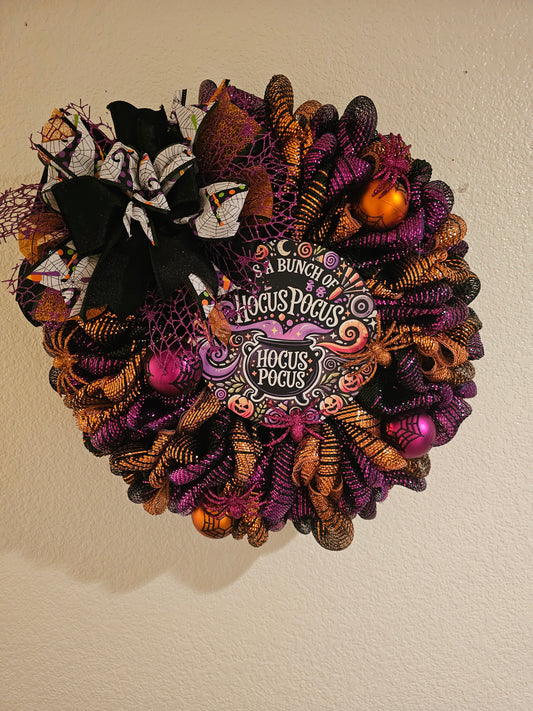 Hocus Pocus Halloween Wreath | Witchy Mesh Wreath | Purple & Orange Spiderweb Door Décor | Spooky Front Porch Decoration