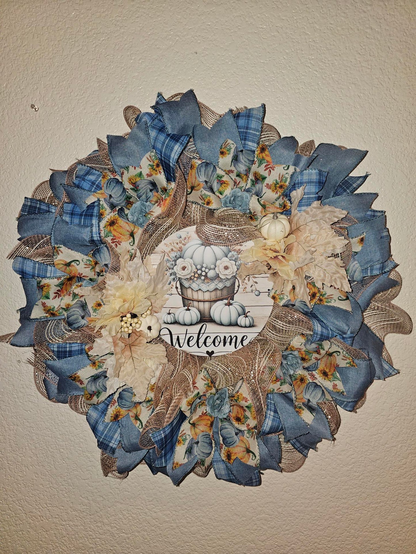 Handmade Fall Welcome Wreath – Farmhouse Style with Blue Plaid, Sunflowers & Pumpkins