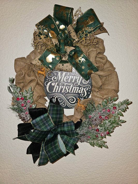 Rustic Burlap Christmas Wreath with Green Plaid Bow, Farmhouse Holiday Door Décor, Merry Christmas Winter Wreath