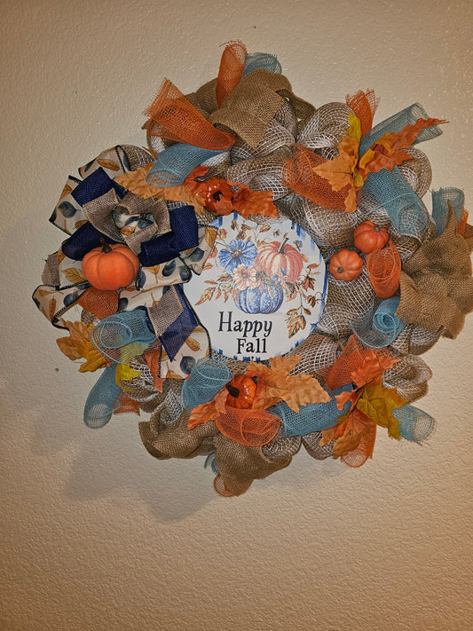 Happy Fall Wreath with Pumpkins Burlap and Deco Mesh Autumn Door Hanger Rustic Farmhouse Thanksgiving Front Door Décor