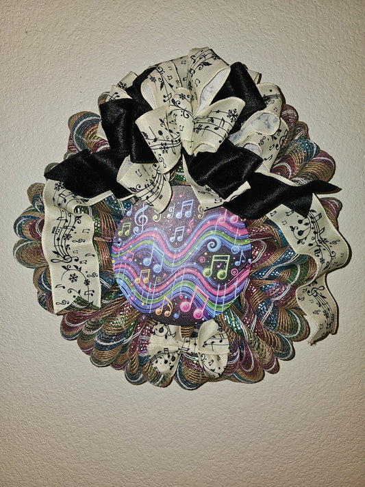 Handmade Musical Wreath | Colorful Deco Mesh Swag with Music Notes & Ribbon | Music Lover Door Decor
