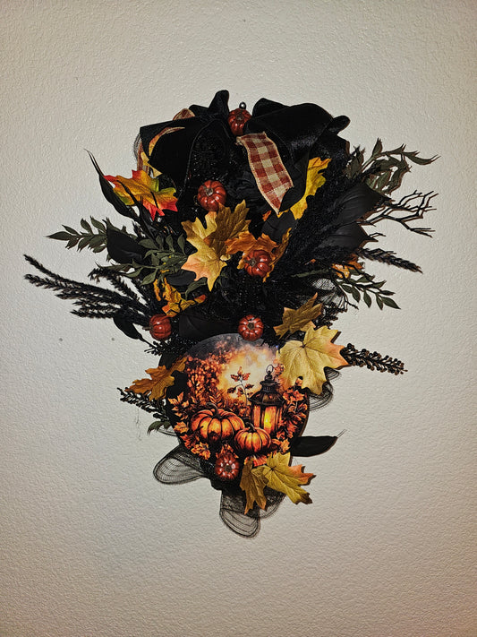 Fall Swag Wreath with Pumpkins, Lantern & Fairy Lights | Rustic Farmhouse Door Décor for Autumn, Harvest and Thanksgiving