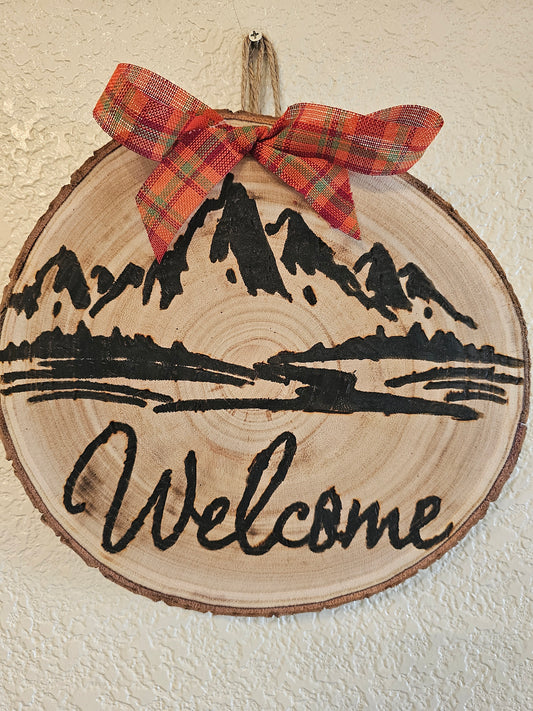 Rustic Wood-Burned Welcome Door Hanger with Bow Handmade Front Door Sign Farmhouse Entry Decor