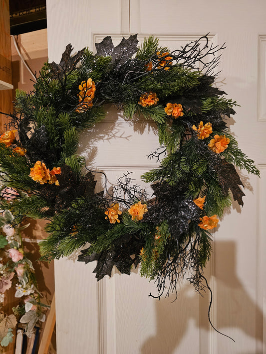 Halloween Wreath with Black Glitter Leaves and Orange Florals, Spooky Gothic Fall Door Décor