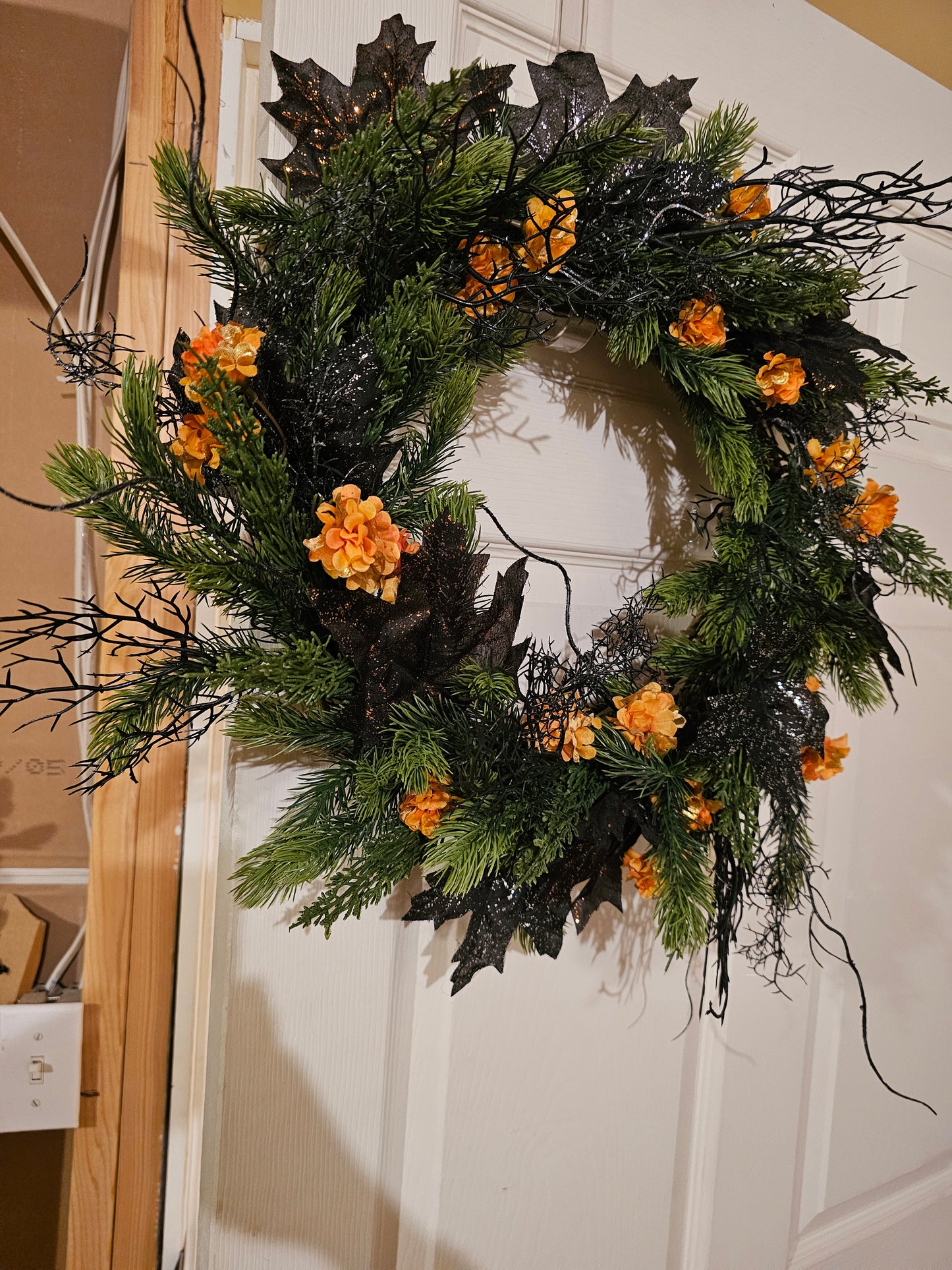 Halloween Wreath with Black Glitter Leaves and Orange Florals, Spooky Gothic Fall Door Décor