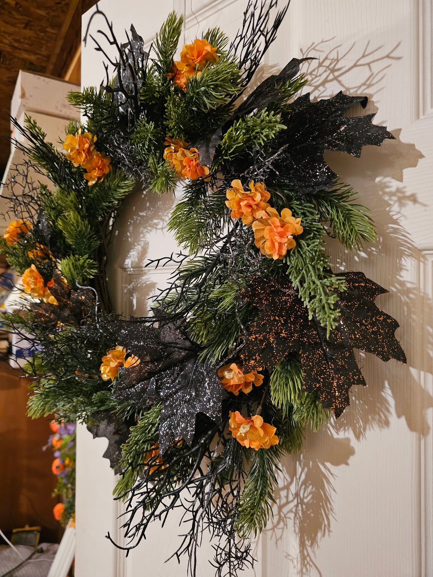 Halloween Wreath with Black Glitter Leaves and Orange Florals, Spooky Gothic Fall Door Décor