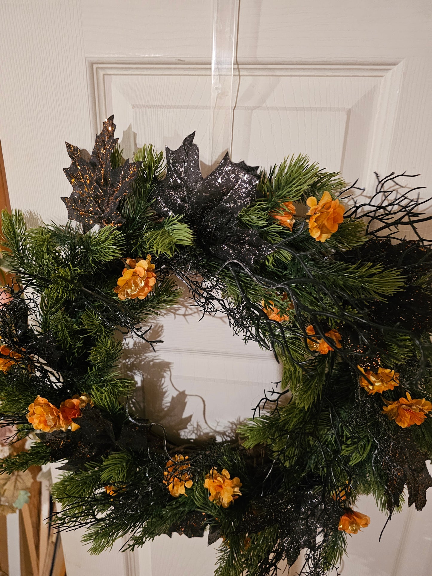 Halloween Wreath with Black Glitter Leaves and Orange Florals, Spooky Gothic Fall Door Décor
