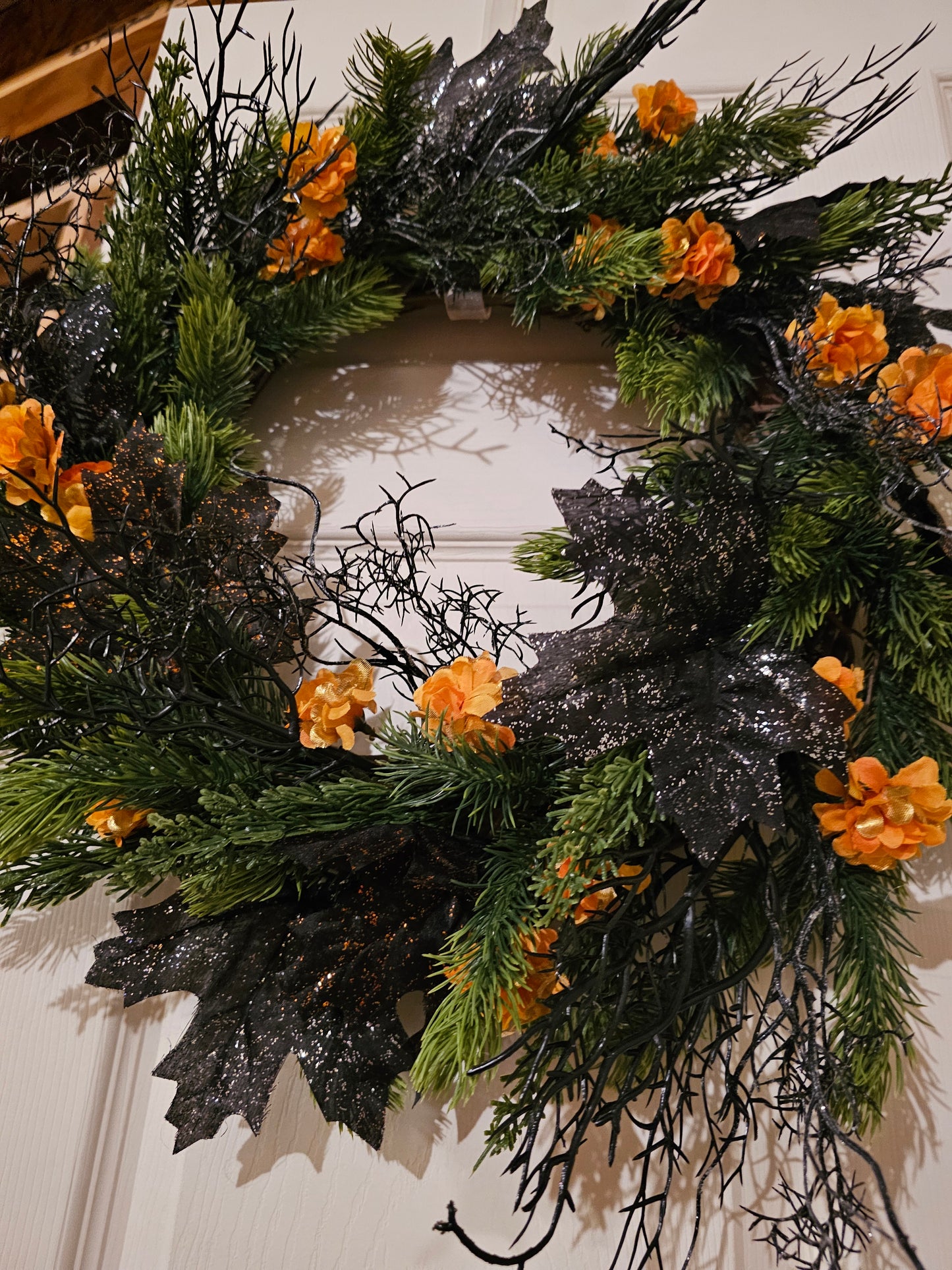 Halloween Wreath with Black Glitter Leaves and Orange Florals, Spooky Gothic Fall Door Décor